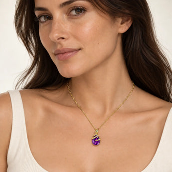 18KT Yellow Gold Vermeil Pear Amethyst Serpent Wrap Necklace Wild Oath Model Shot