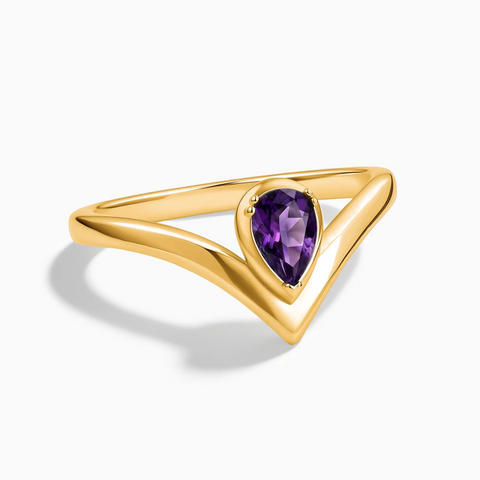 18KT Yellow Gold Vermeil Pear Amethyst V Band Ring - Chevron Front View
