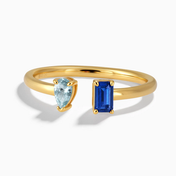 18KT Yellow Gold Vermeil Pear Aquamarine Emerald Cut Blue Sapphire Toi et Moi Open Ring - Two Souls Front View