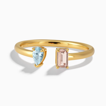 18KT Yellow Gold Vermeil Pear Aquamarine Emerald Cut Morganite Toi et Moi Open Ring - Two Souls Front View