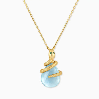 18KT Yellow Gold Vermeil Pear Aquamarine Serpent Wrap Necklace Wild Oath Front View