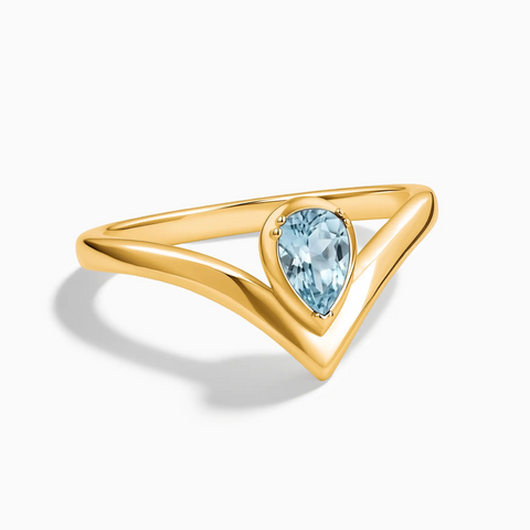 18KT Yellow Gold Vermeil Pear Aquamarine V Band Ring - Chevron Front View