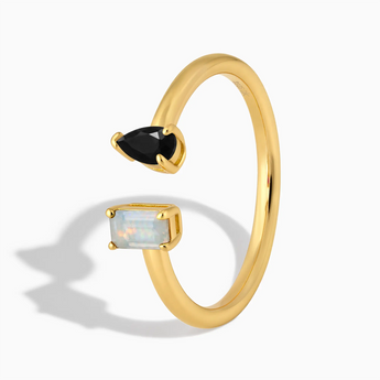 18KT Yellow Gold Vermeil Pear Black Onyx Emerald Cut Opal Toi et Moi Open Ring - Two Souls Side View