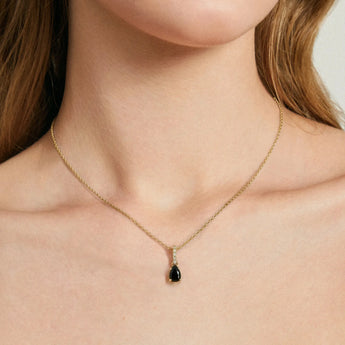18KT Yellow Gold Vermeil Pear Black Onyx Pendant Necklace - Ocean Tear Worn View