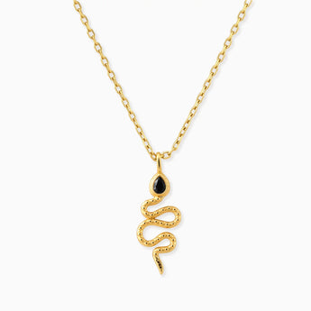18KT Yellow Gold Vermeil Pear Black Onyx Serpent Pendant Necklace Meander Front View
