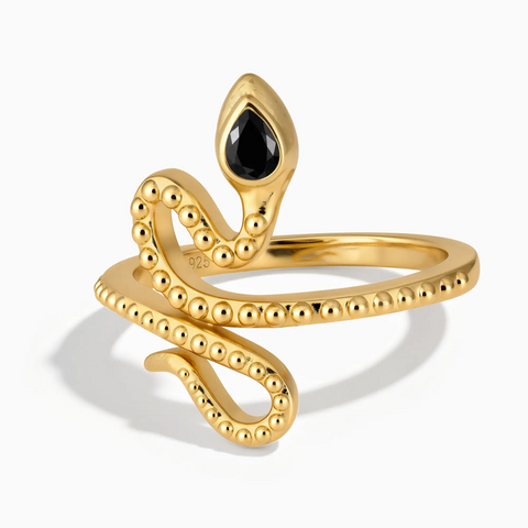 18KT Yellow Gold Vermeil Pear Black Onyx Serpent Ring - Mystic Coil Front View