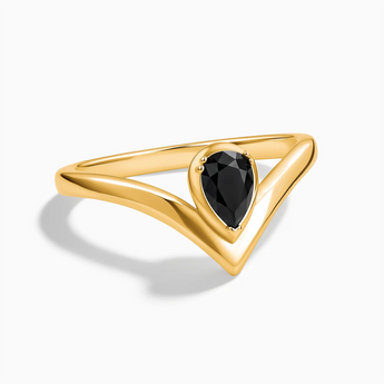 18KT Yellow Gold Vermeil Pear Black Onyx V Band Ring - Chevron Front View