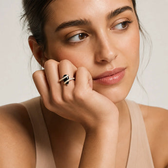 18KT Yellow Gold Vermeil Pear Black Onyx Wrap Ring - Orbit Worn View