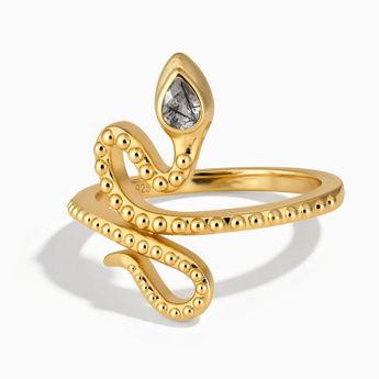 18KT Yellow Gold Vermeil Pear Black Rutilated Quartz Serpent Ring - Mystic Coil Front View