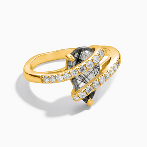 18KT Yellow Gold Vermeil Pear Black Rutilated Quartz Wrap Ring - Orbit Front View