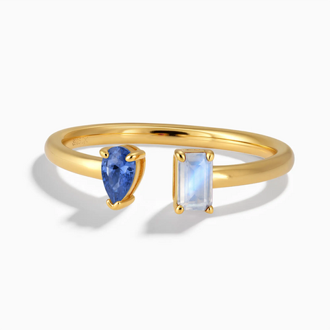 18KT Yellow Gold Vermeil Pear Blue Sapphire Emerald Cut Moonstone Toi et Moi Open Ring - Two Souls Front View