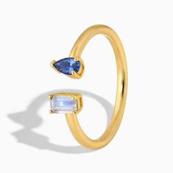 18KT Yellow Gold Vermeil Pear Blue Sapphire Emerald Cut Moonstone Toi et Moi Open Ring - Two Souls Side View