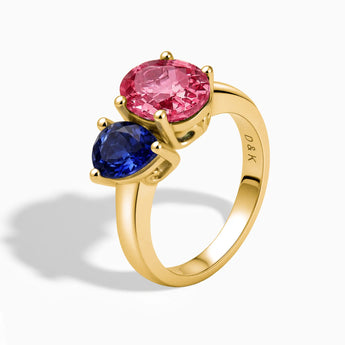 18KT Yellow Gold Vermeil Pear Blue Sapphire & Oval Pink Tourmaline Toi et Moi Ring - Twin Reverie Side View