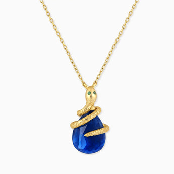 18KT Yellow Gold Vermeil Pear Blue Sapphire Serpent Wrap Necklace Wild Oath Front View