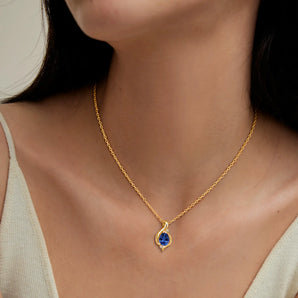18KT Yellow Gold Vermeil Pear Blue Sapphire Swirl Necklace - Eternal Flowline Worn View
