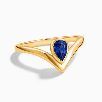 18KT Yellow Gold Vermeil Pear Blue Sapphire V Band Ring - Chevron Front View