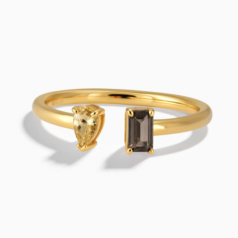 18KT Yellow Gold Vermeil Pear Citrine Emerald Cut Smoky Quartz Toi et Moi Open Ring - Two Souls Front View