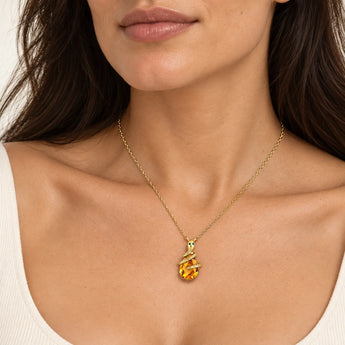18KT Yellow Gold Vermeil Pear Citrine Serpent Wrap Necklace Wild Oath Model Shot Close Up