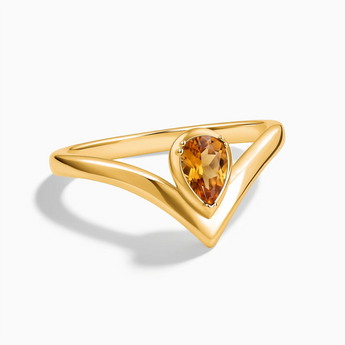 18KT Yellow Gold Vermeil Pear Citrine V Band Ring - Chevron Front View