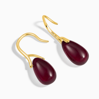 18KT Yellow Gold Vermeil Pear Garnet Dangle Earrings - Dew Arc Side View