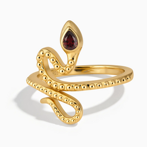 18KT Yellow Gold Vermeil Pear Garnet Serpent Ring - Mystic Coil Front View