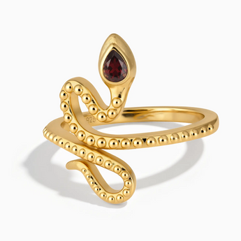 18KT Yellow Gold Vermeil Pear Garnet Serpent Ring - Mystic Coil Front View