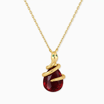 18KT Yellow Gold Vermeil Pear Garnet Serpent Wrap Necklace Wild Oath Front View