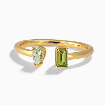 18KT Yellow Gold Vermeil Pear Green Amethyst Emerald Cut Peridot Toi et Moi Open Ring - Two Souls Front View