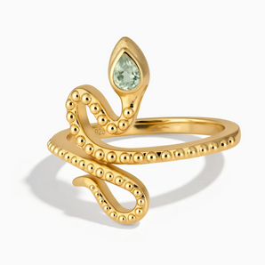 18KT Yellow Gold Vermeil Pear Green Amethyst Serpent Ring - Mystic Coil Front View