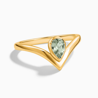 18KT Yellow Gold Vermeil Pear Green Amethyst V Band Ring - Chevron Front View