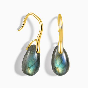 18KT Yellow Gold Vermeil Pear Labradorite Dangle Earrings - Dew Arc Front View