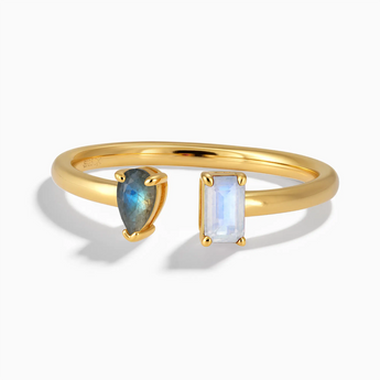 18KT Yellow Gold Vermeil Pear Labradorite Emerald Cut Moonstone Toi et Moi Open Ring - Two Souls Front View