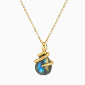 18KT Yellow Gold Vermeil Pear Labradorite Serpent Wrap Necklace Wild Oath Front View