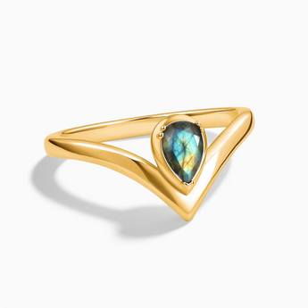 18KT Yellow Gold Vermeil Pear Labradorite V Band Ring - Chevron Front View
