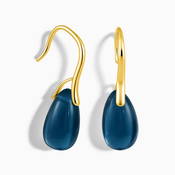 18KT Yellow Gold Vermeil Pear London Blue Topaz Dangle Earrings - Dew Arc Front View