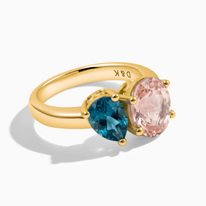 18KT Yellow Gold Vermeil Pear London Blue Topaz & Oval Morganite Toi et Moi Ring - Twin Reverie Front View