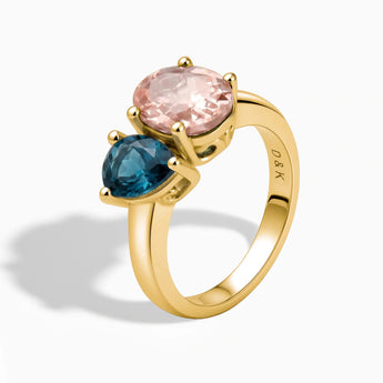 18KT Yellow Gold Vermeil Pear London Blue Topaz & Oval Morganite Toi et Moi Ring - Twin Reverie Side View