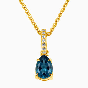 18KT Yellow Gold Vermeil Pear London Blue Topaz Pendant Necklace - Ocean Tear Front View