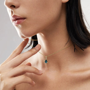 18KT Yellow Gold Vermeil Pear London Blue Topaz Pendant Necklace - Ocean Tear Worn View