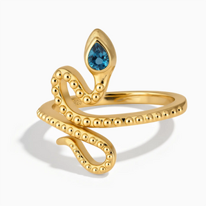 18KT Yellow Gold Vermeil Pear London Blue Topaz Serpent Ring - Mystic Coil Front View