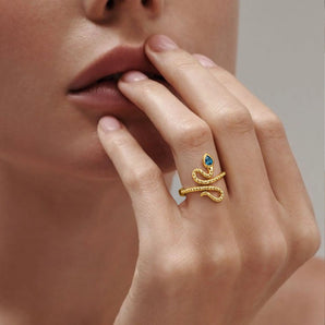 18KT Yellow Gold Vermeil Pear London Blue Topaz Serpent Ring - Mystic Coil Worn View