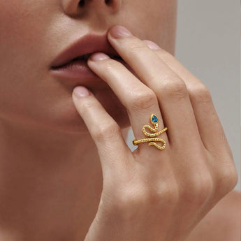 18KT Yellow Gold Vermeil Pear London Blue Topaz Serpent Ring - Mystic Coil Worn View