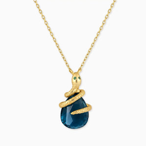 18KT Yellow Gold Vermeil Pear London Blue Topaz Serpent Wrap Necklace Wild Oath Front View