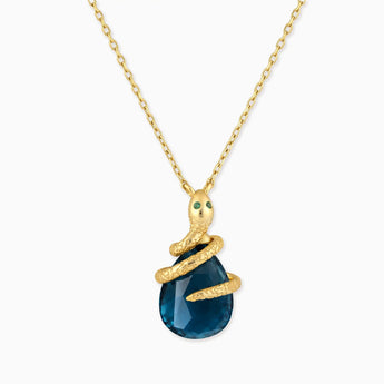 18KT Yellow Gold Vermeil Pear London Blue Topaz Serpent Wrap Necklace Wild Oath Front View