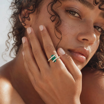 18KT Yellow Gold Vermeil Pear Malachite Wrap Ring - Orbit Worn View