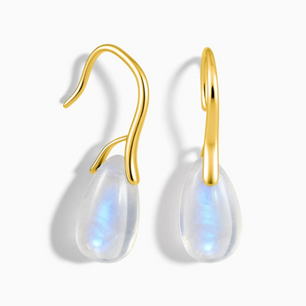 18KT Yellow Gold Vermeil Pear Moonstone Dangle Earrings - Dew Arc Front View