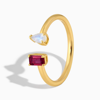 18KT Yellow Gold Vermeil Pear Moonstone Emerald Cut Ruby Toi et Moi Open Ring - Two Souls Side View
