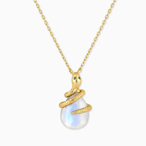 18KT Yellow Gold Vermeil Pear Moonstone Serpent Wrap Necklace Wild Oath Front View