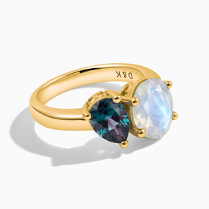 18KT Yellow Gold Vermeil Pear Alexandrite & Oval Moonstone Toi et Moi Ring - Twin Reverie Front View
