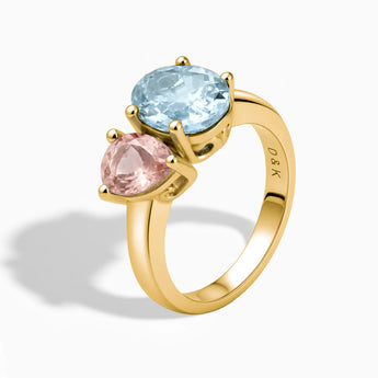 18KT Yellow Gold Vermeil Pear Morganite & Oval Aquamarine Toi et Moi Ring - Twin Reverie Side View